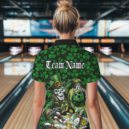 Custom Funny Saint Patricks Day Skull And Beer Bowling Team Quarter-Zip Shirt For WomenIPHW8607