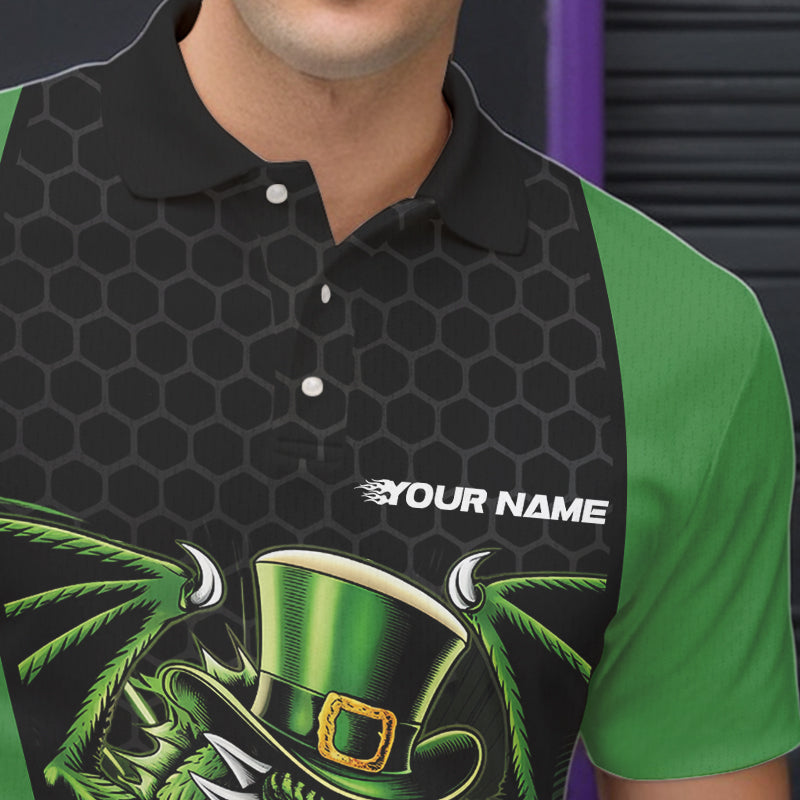 Custom Black And Green St Patricks Dragon Bowling Polo Shirts For Men, Lucky Dragon Bowling IPHW8608