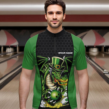 Custom Black And Green St Patricks Dragon Bowling Quarter-Zip Shirts For Men, Lucky Dragon Bowling IPHW8608