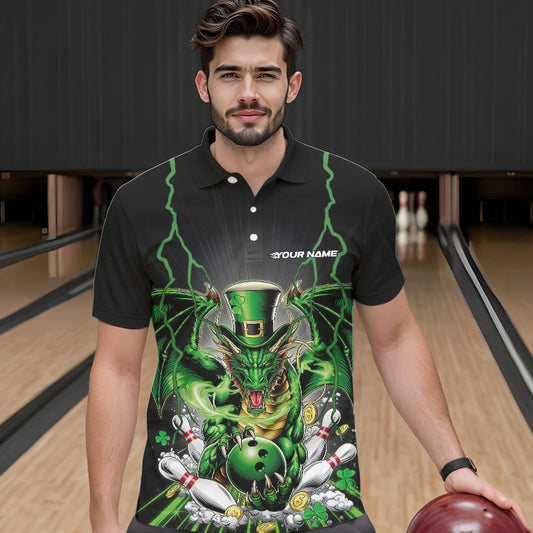 Custom Black And Green St Patricks Dragon Bowling Polo Shirts For Men, Lucky Dragon Bowling IPHW8609