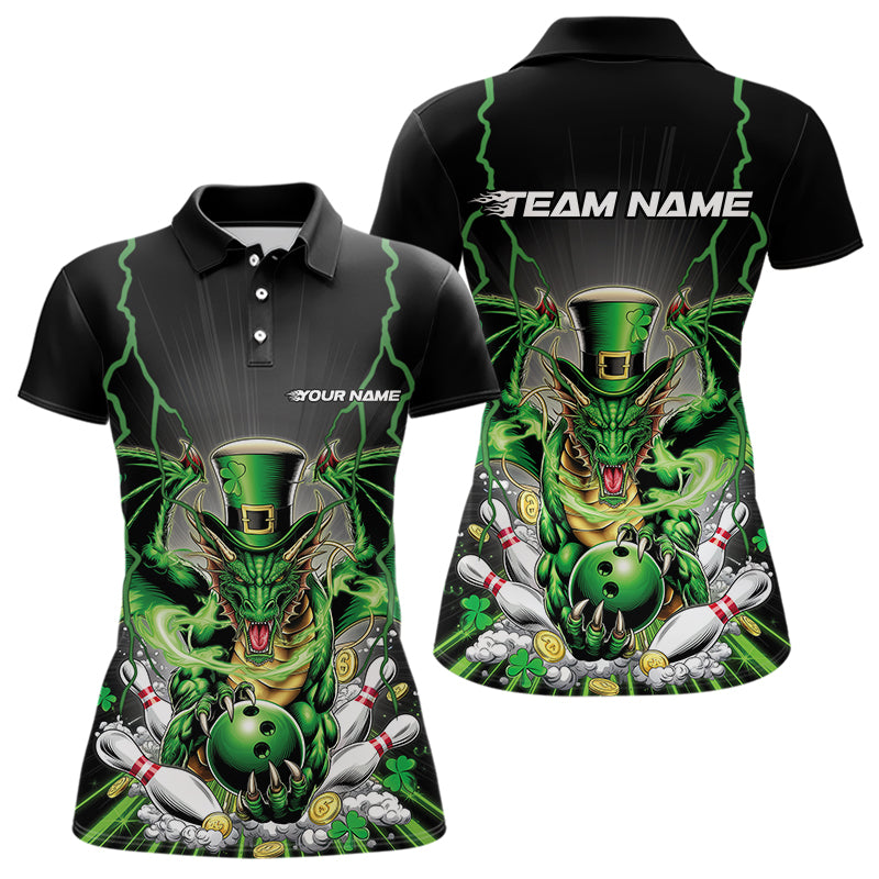 Custom Black And Green St Patricks Dragon Bowling Womens Polo Shirt, Lucky Dragon Bowling IPHW8609