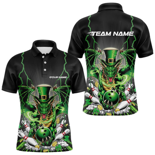 Custom Black And Green St Patricks Dragon Bowling Polo Shirts For Men, Lucky Dragon Bowling IPHW8609