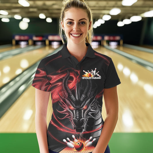 Custom Black And Red Flame Dragon Bowling Team Women Polo Shirts, Bowling League Shirt IPHW8911