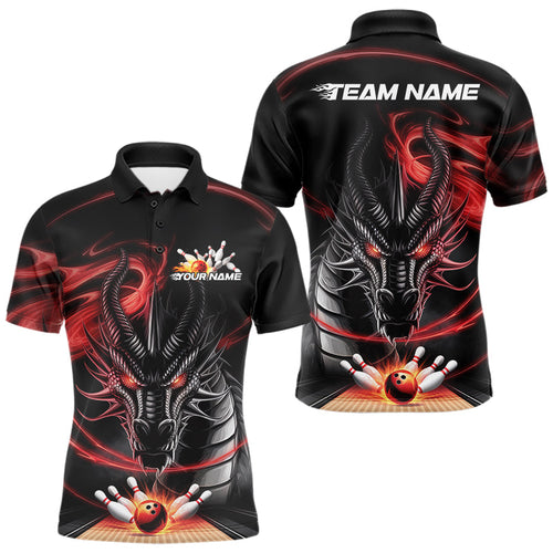 Custom Black And Red Flame Dragon Bowling Team Men Polo Shirts, Bowling League Shirt IPHW8911