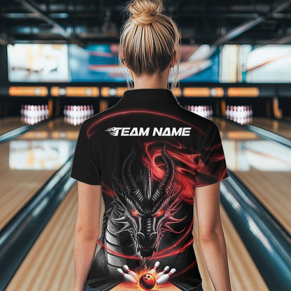 Custom Black And Red Flame Dragon Bowling Women Quarter-Zip Shirts, Bowling League Shirt IPHW8911