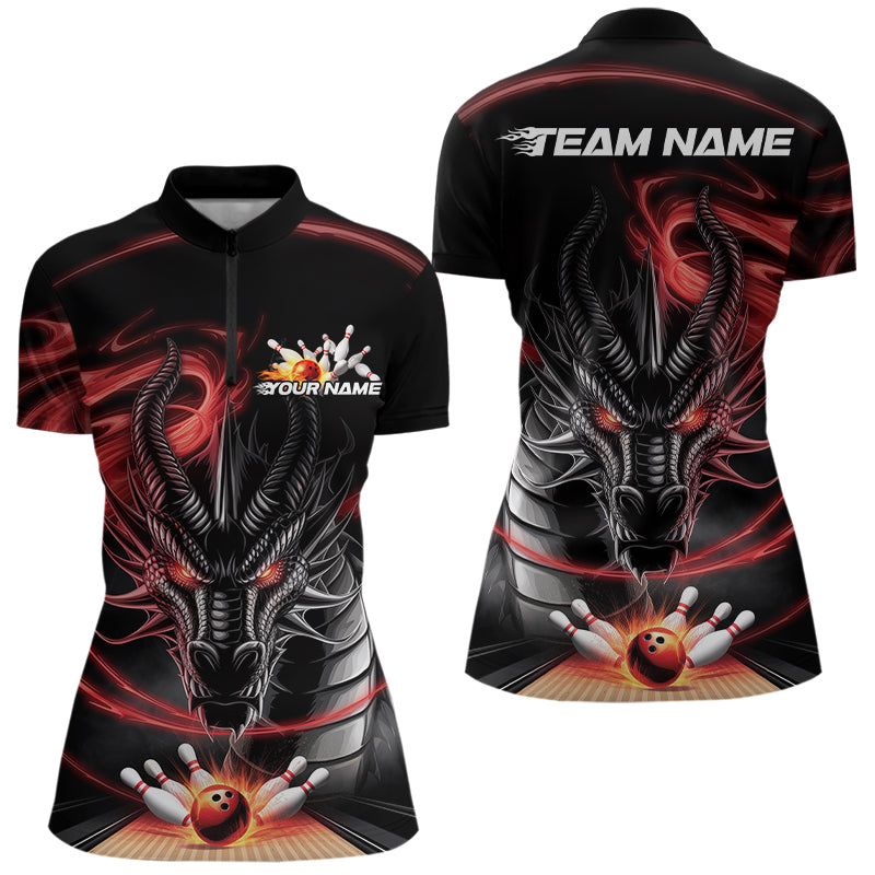 Custom Black And Red Flame Dragon Bowling Women Quarter-Zip Shirts, Bowling League Shirt IPHW8911