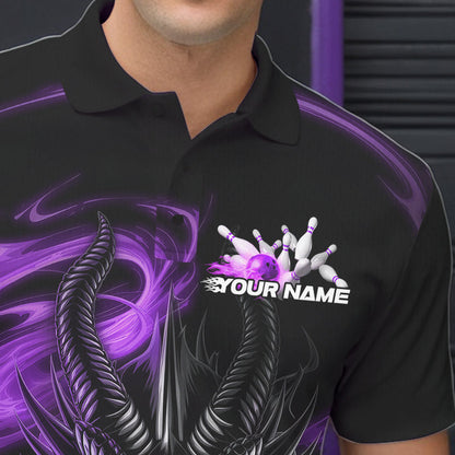 Custom Black And Purple Flame Dragon Bowling Team Men Polo Shirts, Bowling League Shirt IPHW8912