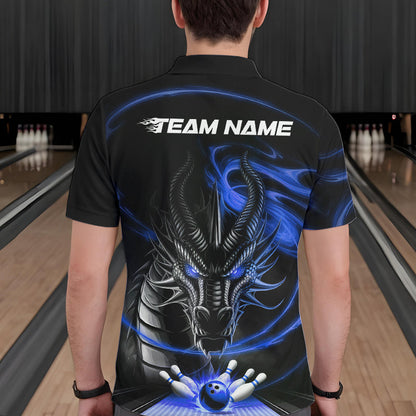 Custom Black And Blue Flame Dragon Bowling Team Men Polo Shirts, Bowling League Shirt IPHW8913
