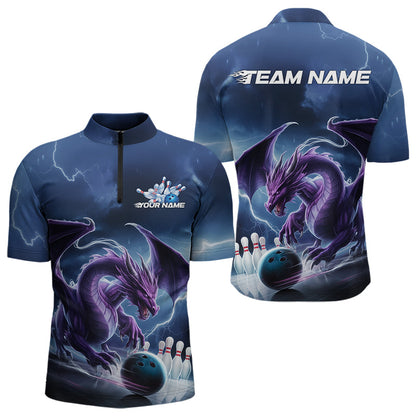 Custom Blue Thunder Lightning Purple Dragon Bowling Team Men Quarter-Zip Shirts, Bowlers Outfit IPHW8915