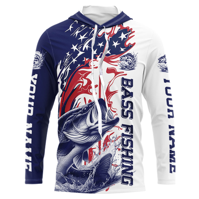 Custom Patriotic Largemouth Bass Long Sleeve Hooded Fishing Shirts, Red White And Blue Fishing Shirt IPHW9129