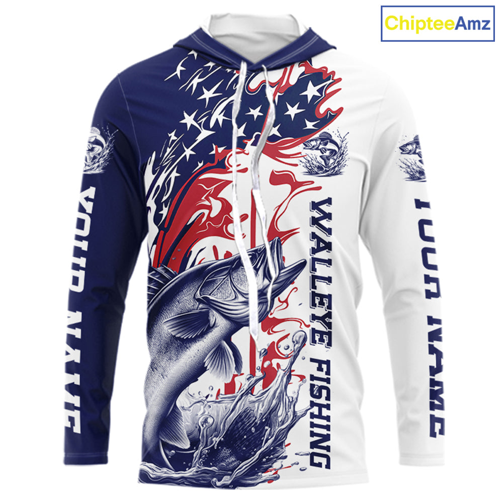 Custom Patriotic Walleye Long Sleeve Hooded Fishing Shirts, Red White And Blue Fishing Shirt IPHW9130
