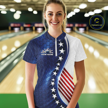Custom Patriotic Bowling Shirt, Red White And Blue Hexagon American Flag Women Shirt IPHW11640