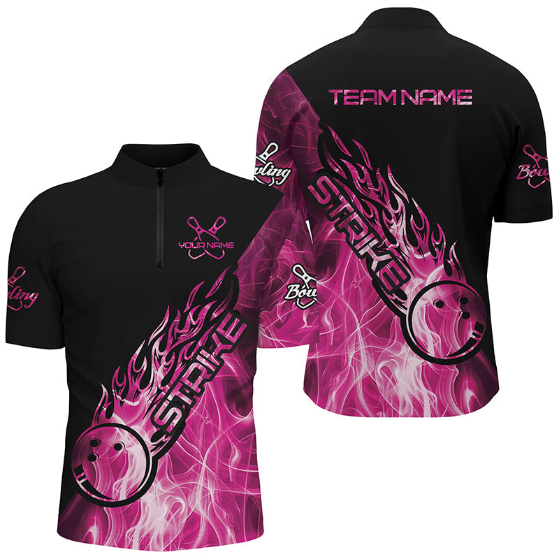 Custom Pink Flame Bowling Shirts For Men, Bowling Team Shirts Bowling Strike IPHW7156