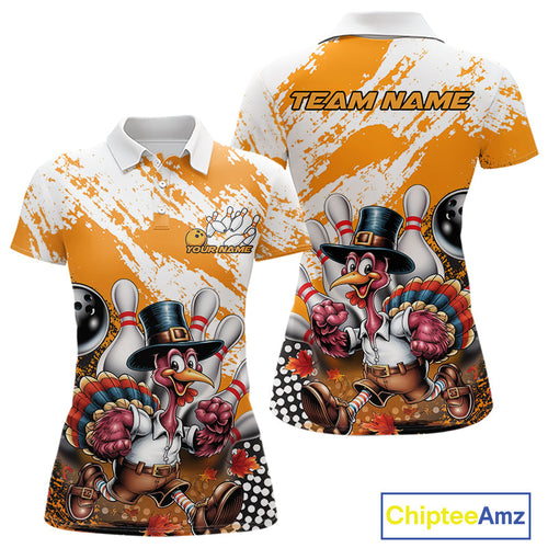 Custom Yellow Turkey Bowling Women Polo Shirts, Funny Thanksgiving Bowling Team Shirts IPHW9717