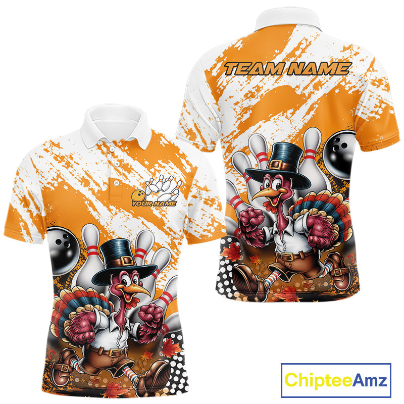 Custom Yellow Turkey Bowling Men Polo Shirts, Funny Thanksgiving Bowling Team Shirts IPHW9717