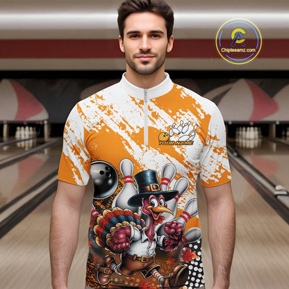 Custom Yellow Turkey Bowling Men Quarter-Zip Shirts, Funny Thanksgiving Bowling Team Shirts IPHW9717