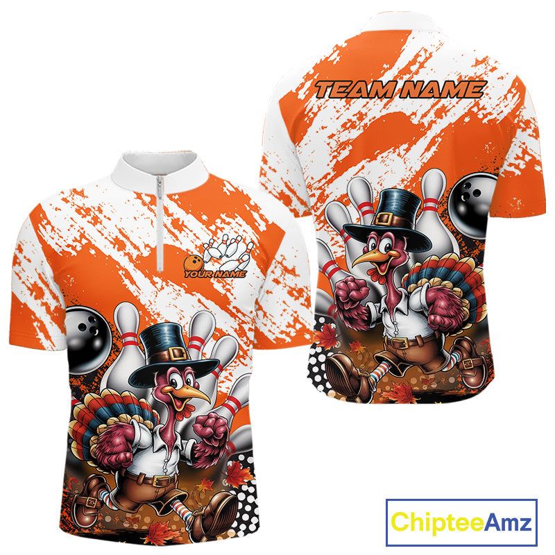 Custom Orange Turkey Bowling Men Quarter-Zip Shirts, Funny Thanksgiving Bowling Team Shirts IPHW9718