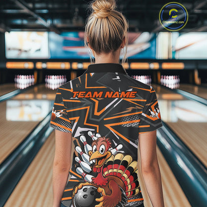 Custom Funny Turkey Bowling Jerseys, Orange Thanksgiving Bowling Team Women Polo Shirt IPHW9723