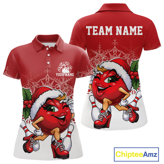 Custom Cute Funny Ladies Christmas Bowling Polo Shirts, Women Team Xmas Bowling Outfit IPHW10135