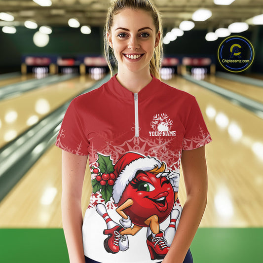 Custom Cute Funny Ladies Christmas Bowling Quarter-Zip Shirts, Women Team Xmas Outfit IPHW10135