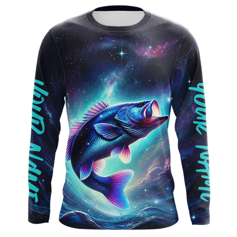 Custom Galaxy Largemouth Bass Long Sleeve Performance Fishing Shirts For Men IPHW8168