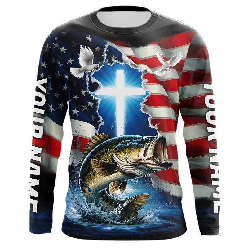Custom Faith Largemouth Bass Patriotic Long Sleeve Tournament Fishing Shirt, US Fishing Jerseys IPHW8176