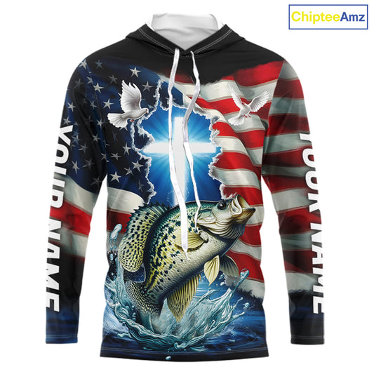 Custom Faith Crappie Patriotic Long Sleeve Hooded Tournament Fishing Shirt, US Fishing Jerseys IPHW8178