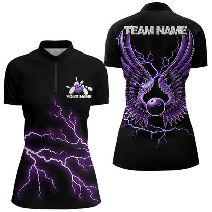 Purple Thunder Lightning Bowling Wings Custom Bowling Team Quarter-Zip Shirts For Women IPHW8395