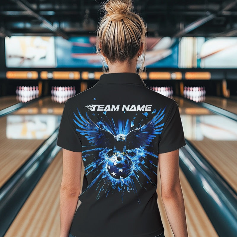 Black And Blue Eagle Break Glass Custom Bowling Polo Shirts For Women, Bowling Team Shirt IPHW8398