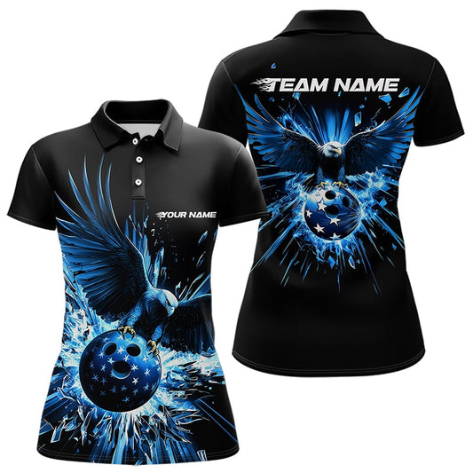 Black And Blue Eagle Break Glass Custom Bowling Polo Shirts For Women, Bowling Team Shirt IPHW8398