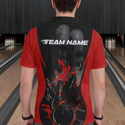 Custom Black And Red Flame Bowling Polo Shirts For Men, Fire Bowling League Shirt IPHW8619