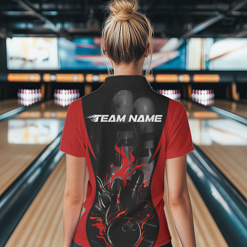 Custom Black And Red Flame Bowling Polo Shirts For Women, Fire Bowling League Shirt IPHW8619
