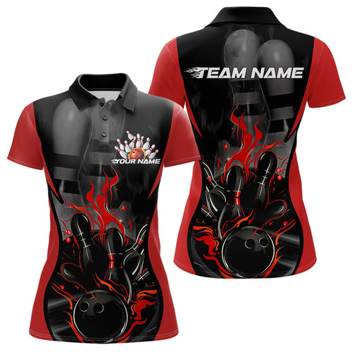 Custom Black And Red Flame Bowling Polo Shirts For Women, Fire Bowling League Shirt IPHW8619