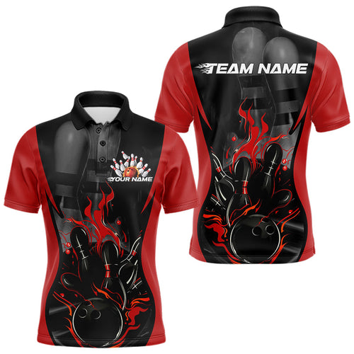 Custom Black And Red Flame Bowling Polo Shirts For Men, Fire Bowling League Shirt IPHW8619