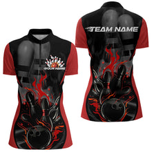 Load image into Gallery viewer, Custom Black And Red Flame Bowling Quarter-Zip Shirts For Women, Fire Bowling League Shirt IPHW8619