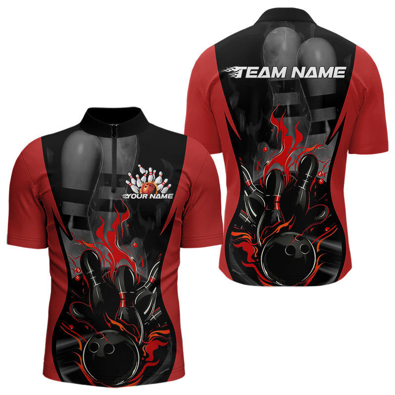 Custom Black And Red Flame Bowling Quarter-Zip Shirts For Men, Fire Bowling League Shirt IPHW8619