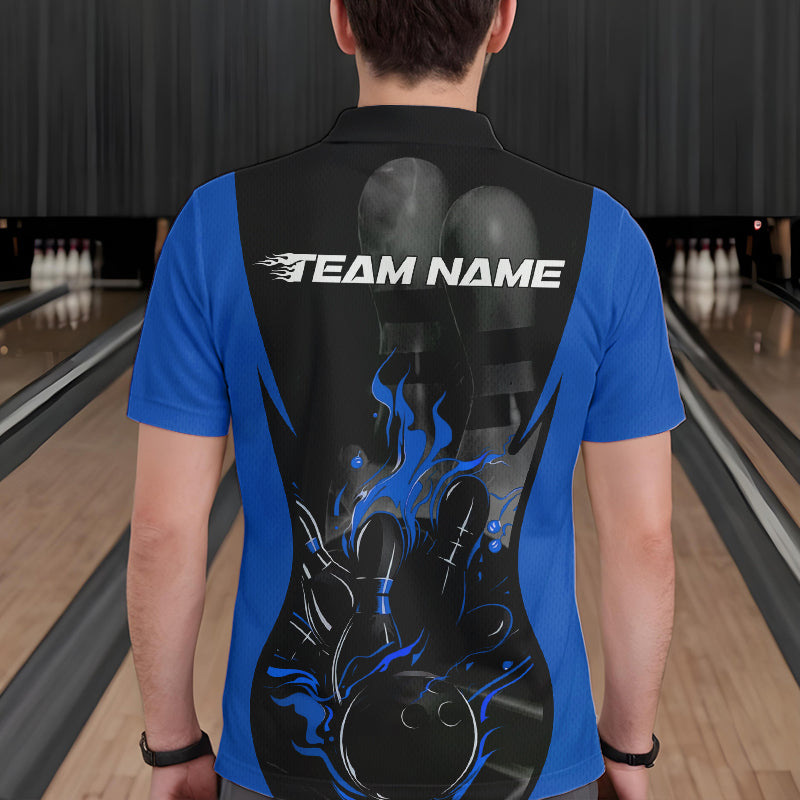 Custom Black And Blue Flame Bowling Polo Shirts For Men, Fire Bowling League Shirt IPHW8620
