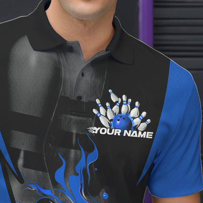 Custom Black And Blue Flame Bowling Polo Shirts For Men, Fire Bowling League Shirt IPHW8620