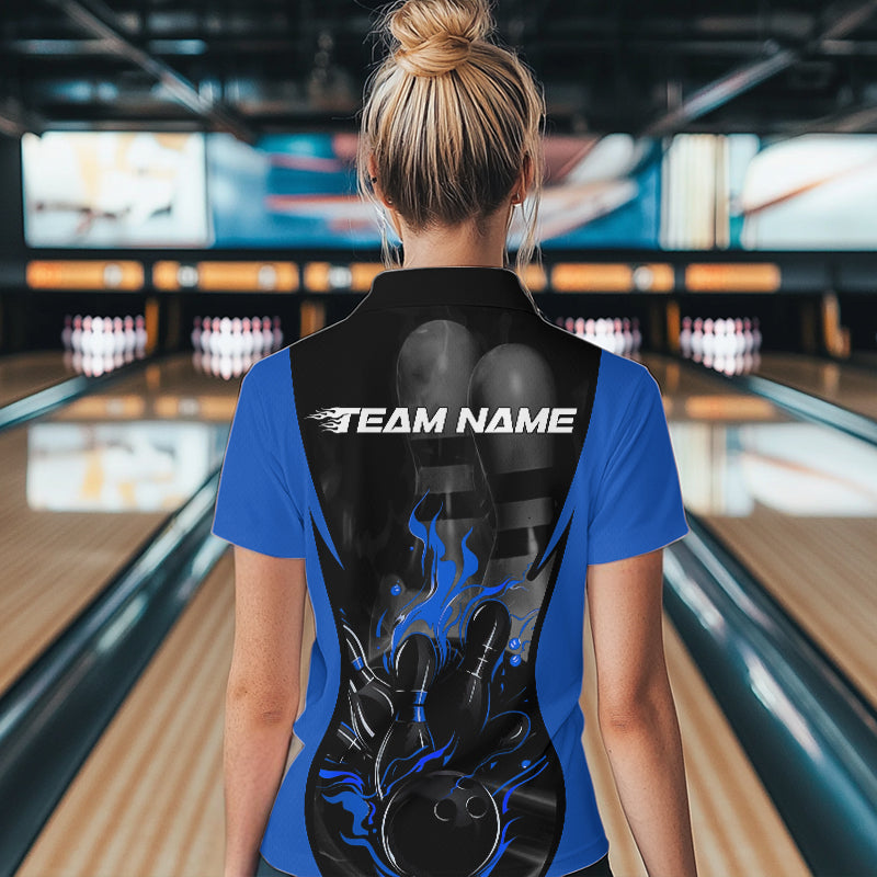 Custom Black And Blue Flame Bowling Quarter-Zip Shirts For Women, Fire Bowling League Shirt IPHW8620