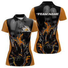 Load image into Gallery viewer, Custom Black And Yellow Flame Bowling Polo Shirts For Women, Fire Bowling League Shirt IPHW8621