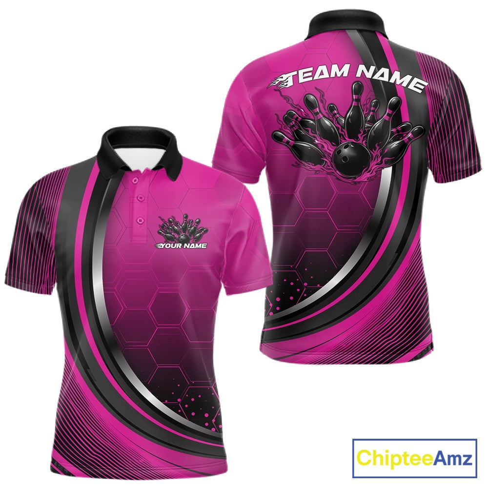 Front and back view of a mens bowling polo shirt mockup in black and pink, featuring honeycomb pattern with a flaming bowling ball and pins.