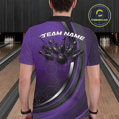 Back view of a male model in a bowling lane wearing a black and purple polo shirt, featuring a honeycomb pattern with a flaming bowling ball striking pins.