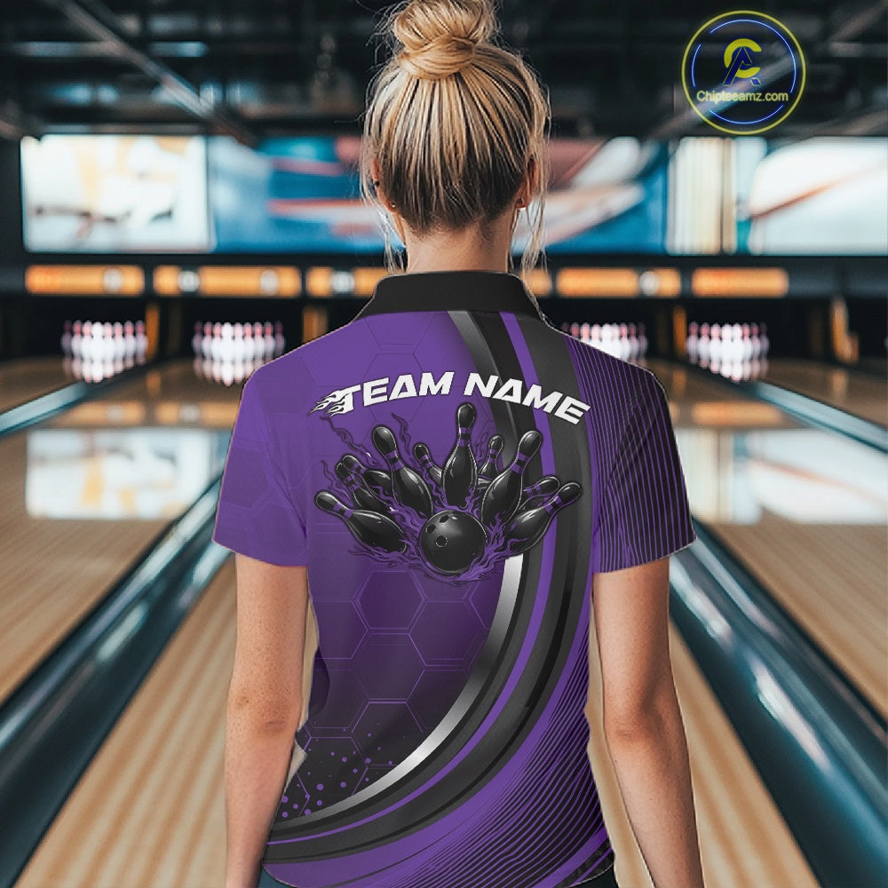 Back view of a female model in a bowling lane wearing a black and purple polo shirt, showcasing honeycomb texture with a flaming bowling action graphic.