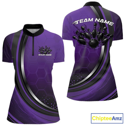 Women s bowling quarter zip mockup shown from front and back in black and purple with honeycomb artwork and flaming bowling-themed graphics.