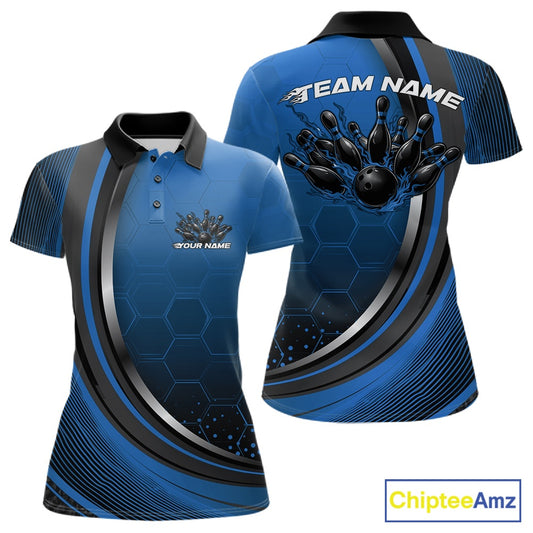 Front and back view of a womens bowling polo shirt mockup in black and blue, featuring a honeycomb pattern with a flaming bowling ball striking pins.