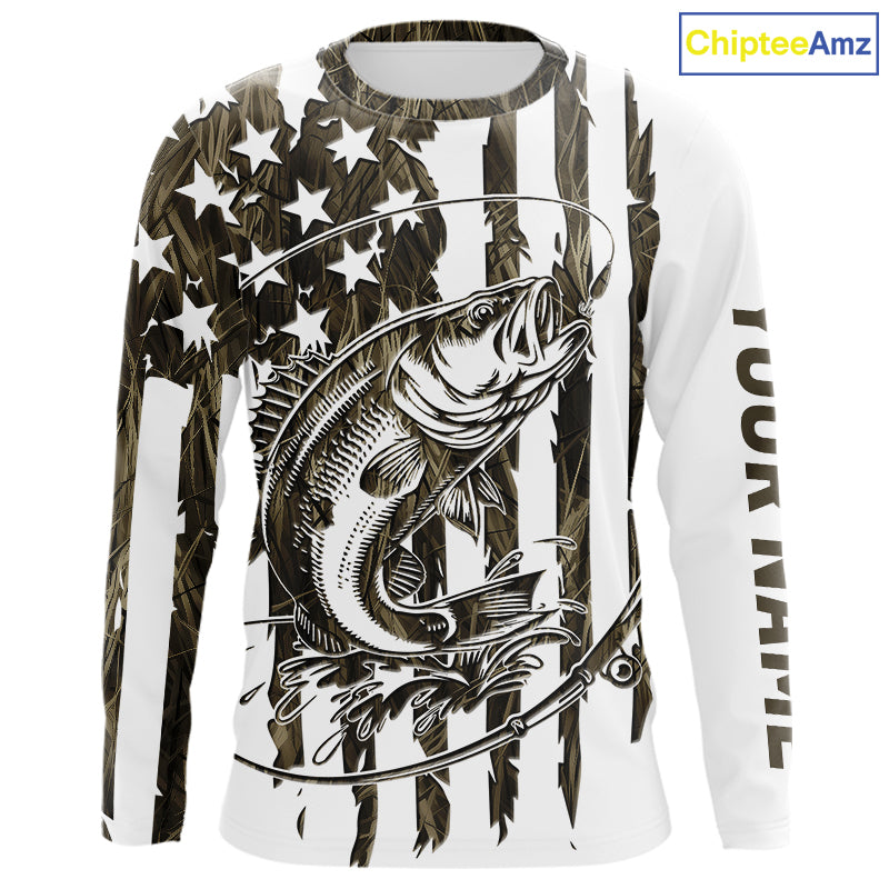 Custom Patrotic Largemouth Bass Long Sleeve Camo Fishing Shirts, Bass US Fishing Shirt IPHW9145