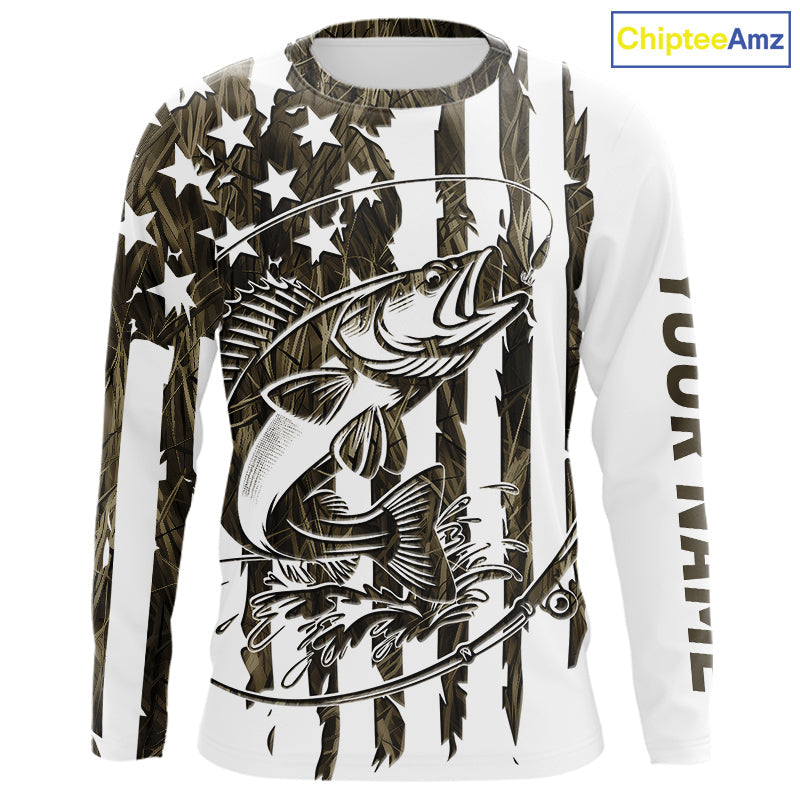 Custom Patrotic Walleye Long Sleeve Camo Fishing Shirts, Walleye US Fishing Shirt IPHW9146