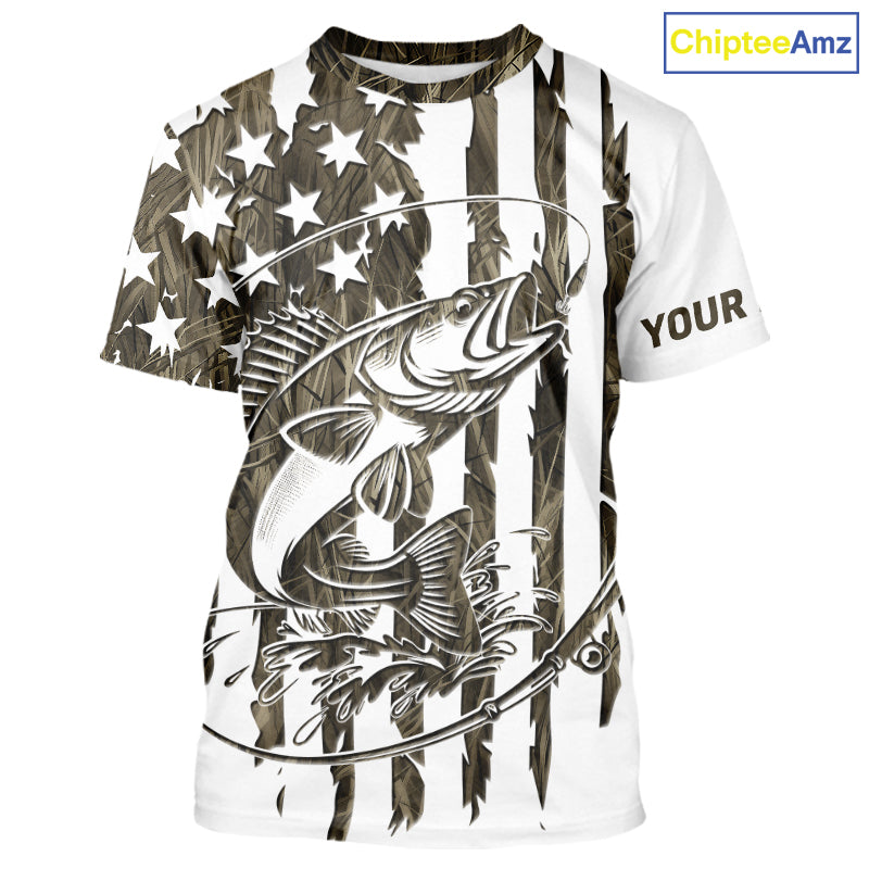 Custom Patrotic Walleye Camo Fishing T-Shirts, Walleye US Fishing T-Shirt IPHW9146