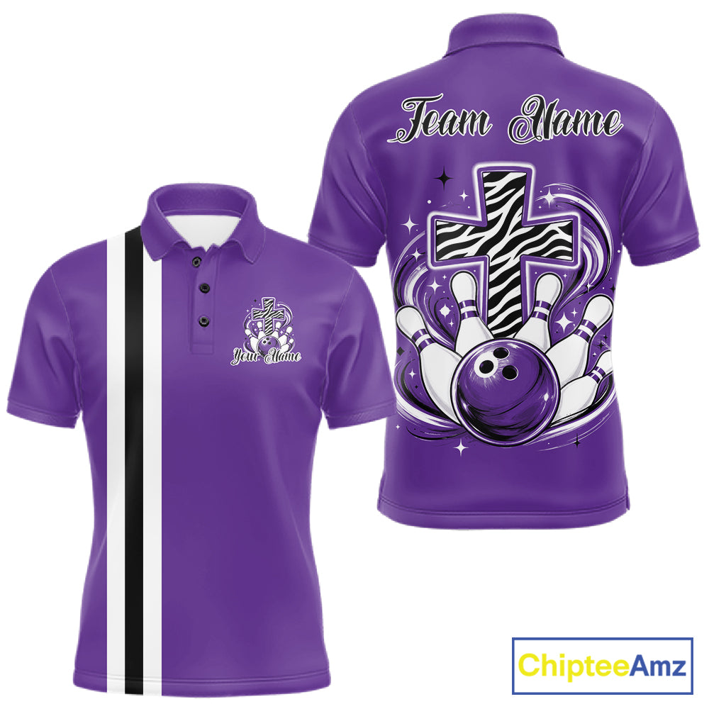 Personalized purple bowling shirt with vibrant zebra pattern and faith cross graphic for men women and kids
