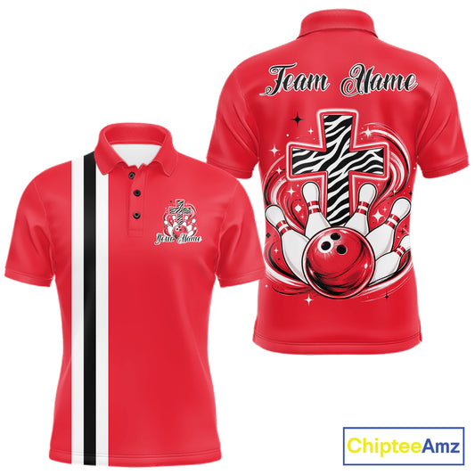 Personalized red bowling shirt with vibrant zebra pattern and faith cross graphic for men women and kids